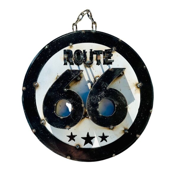 Route 66 Distressed Metal Wall Art Sign Chain Hanging  Vintage-Inspired Black & - Picture 1 of 9
